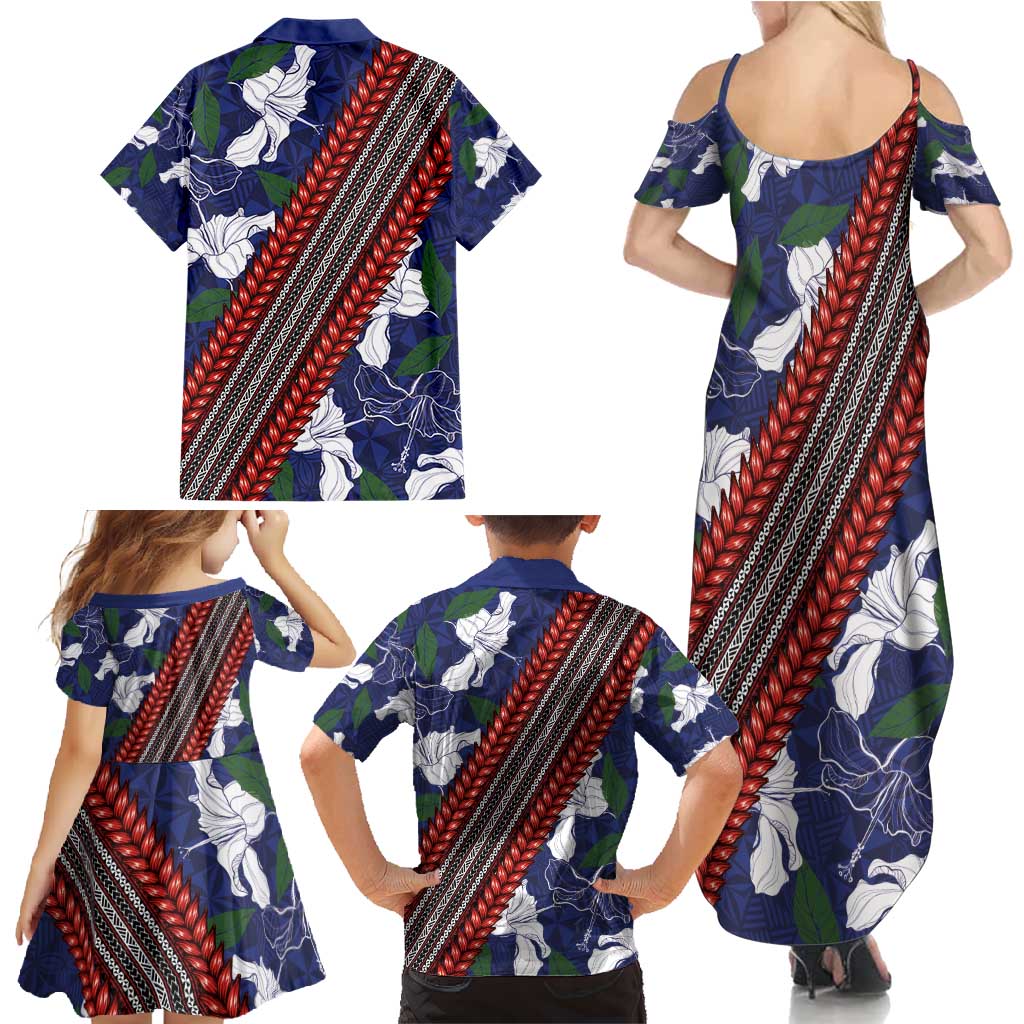 Samoan Culture Family Matching Summer Maxi Dress and Hawaiian Shirt Hibiscus and Ula Fala with Tapa Pattern Blue Color LT03 - Polynesian Pride