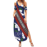 Samoan Culture Family Matching Summer Maxi Dress and Hawaiian Shirt Hibiscus and Ula Fala with Tapa Pattern Blue Color LT03 Mom's Dress Blue - Polynesian Pride