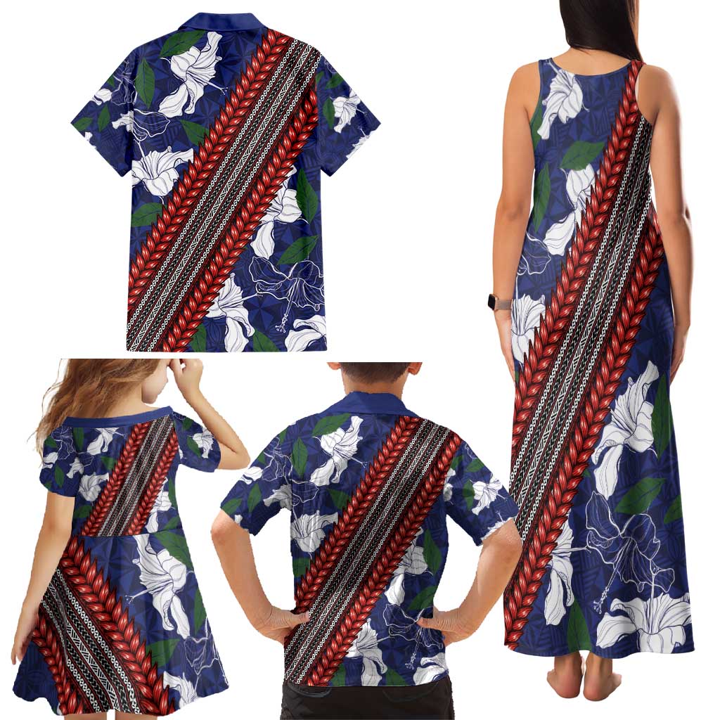 Samoan Culture Family Matching Tank Maxi Dress and Hawaiian Shirt Hibiscus and Ula Fala with Tapa Pattern Blue Color LT03 - Polynesian Pride