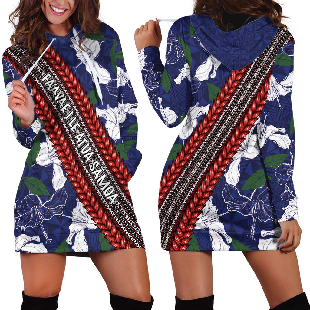 Samoan Culture Hoodie Dress Hibiscus and Ula Fala with Tapa Pattern Blue Color