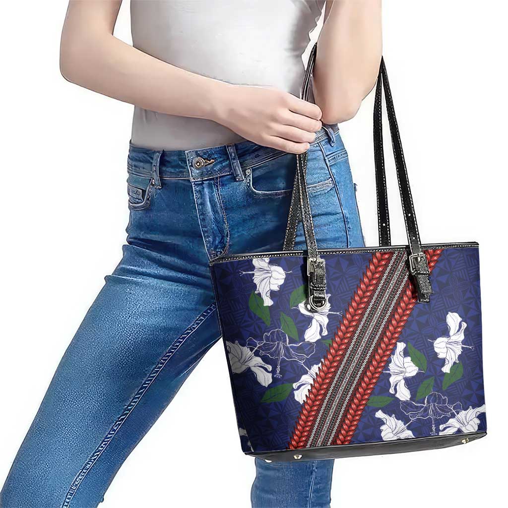 Samoan Culture Leather Tote Bag Hibiscus and Ula Fala with Tapa Pattern Blue Color