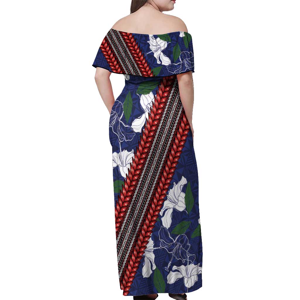Samoan Culture Off Shoulder Maxi Dress Hibiscus and Ula Fala with Tapa Pattern Blue Color