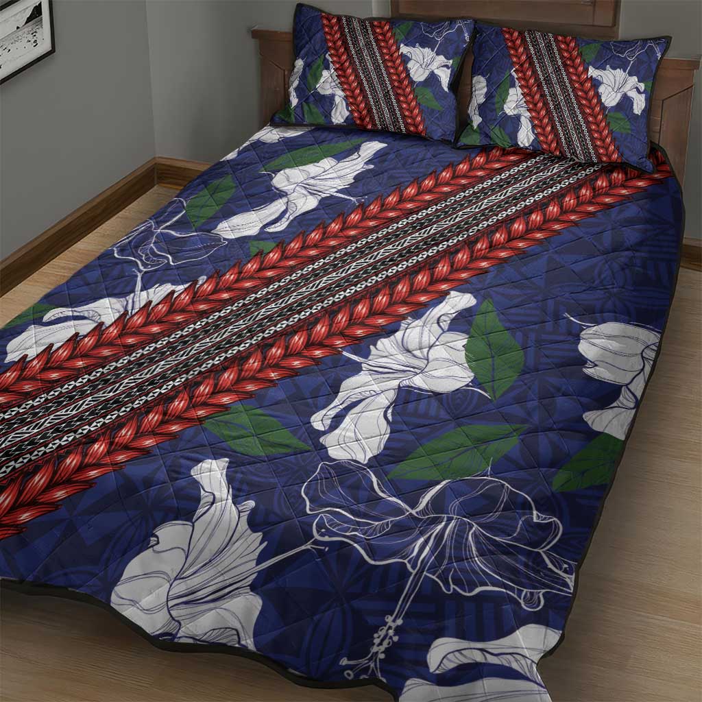 Samoan Culture Quilt Bed Set Hibiscus and Ula Fala with Tapa Pattern Blue Color