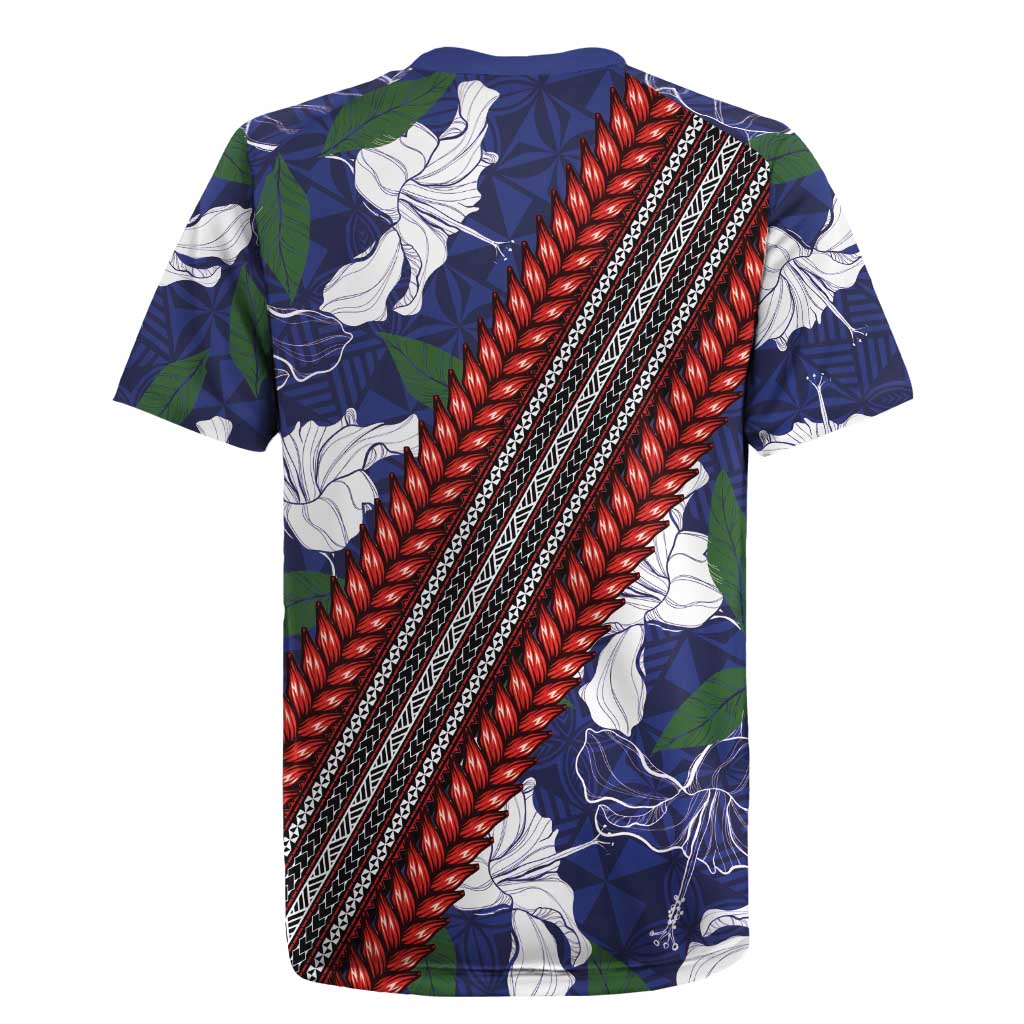 Samoan Culture Rugby Jersey Hibiscus and Ula Fala with Tapa Pattern Blue Color