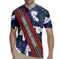 Samoan Culture Rugby Jersey Hibiscus and Ula Fala with Tapa Pattern Blue Color