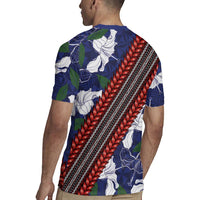 Samoan Culture Rugby Jersey Hibiscus and Ula Fala with Tapa Pattern Blue Color