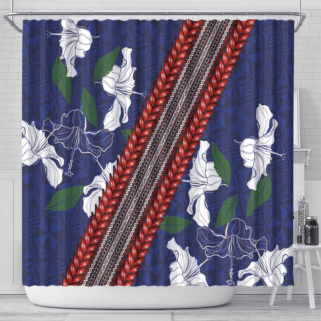 Samoan Culture Shower Curtain Hibiscus and Ula Fala with Tapa Pattern Blue Color