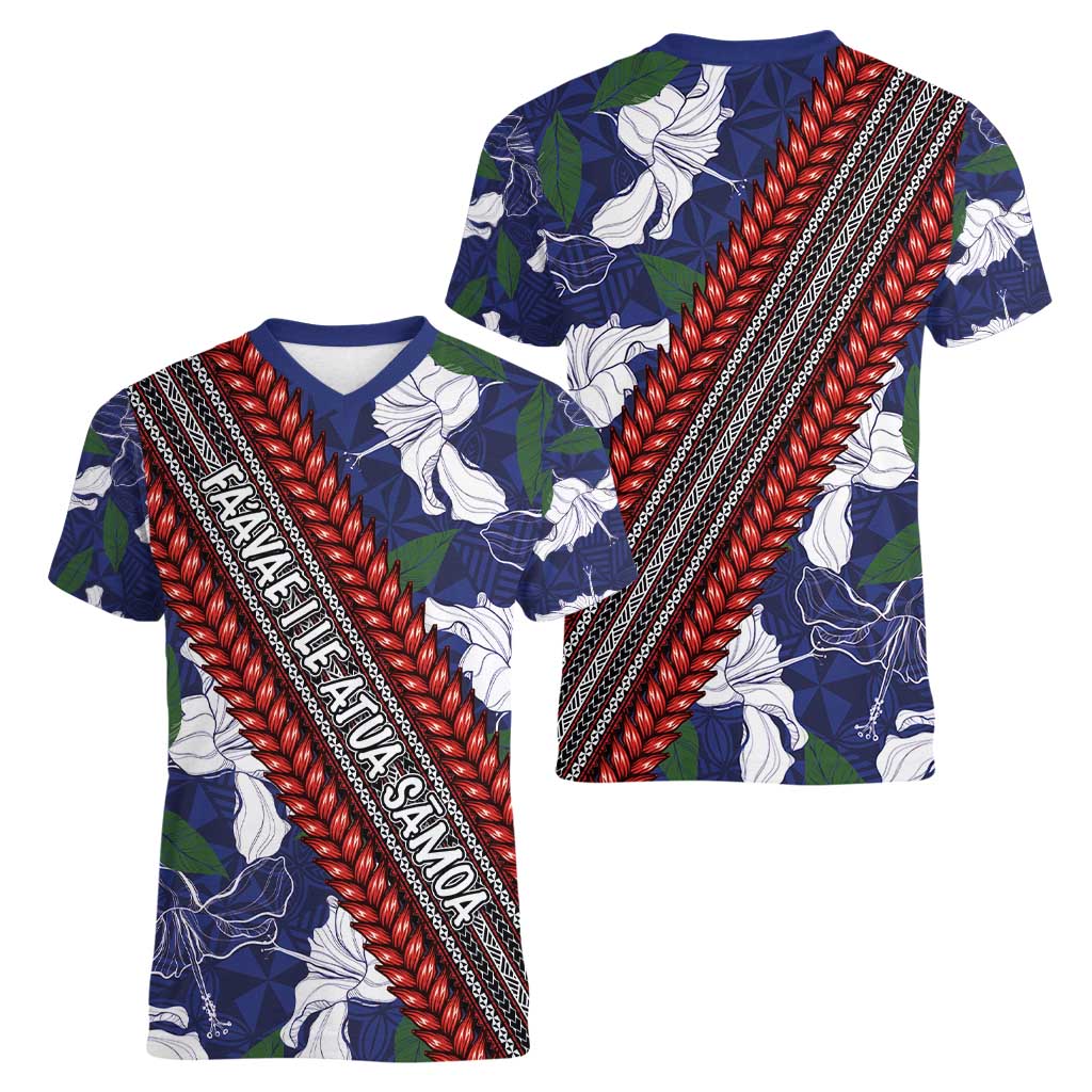 Samoan Culture Women V-Neck T-Shirt Hibiscus and Ula Fala with Tapa Pattern Blue Color