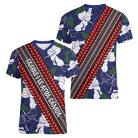 Samoan Culture Women V-Neck T-Shirt Hibiscus and Ula Fala with Tapa Pattern Blue Color