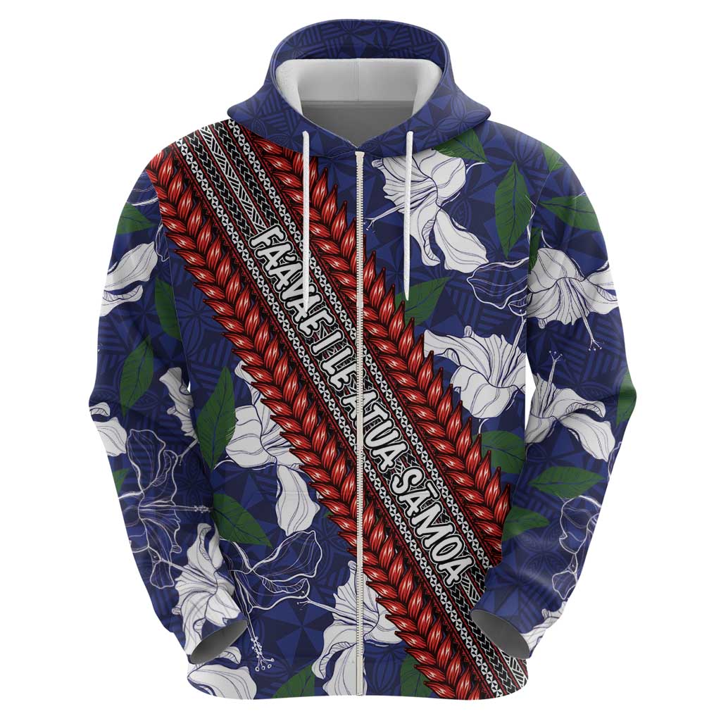 Samoan Culture Zip Hoodie Hibiscus and Ula Fala with Tapa Pattern Blue Color