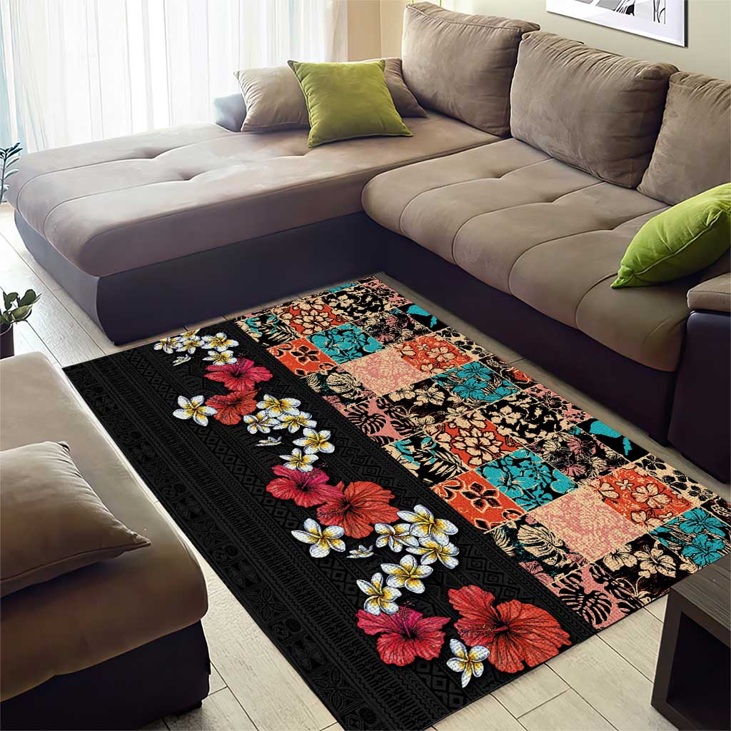Hawaiian Hibiscus and Tropical Leaves Area Rug Patchwork Grunge Abstract Vintage Style