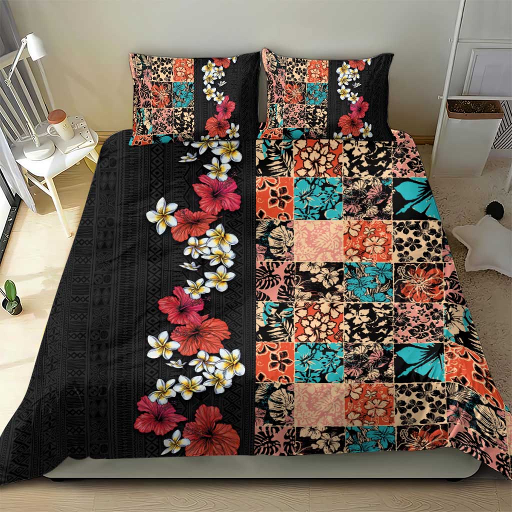 Hawaiian Hibiscus and Tropical Leaves Bedding Set Patchwork Grunge Abstract Vintage Style