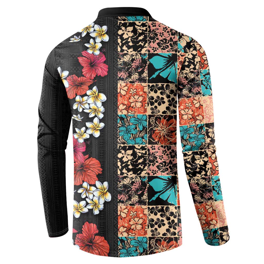 Hawaiian Hibiscus and Tropical Leaves Button Sweatshirt Patchwork Grunge Abstract Vintage Style