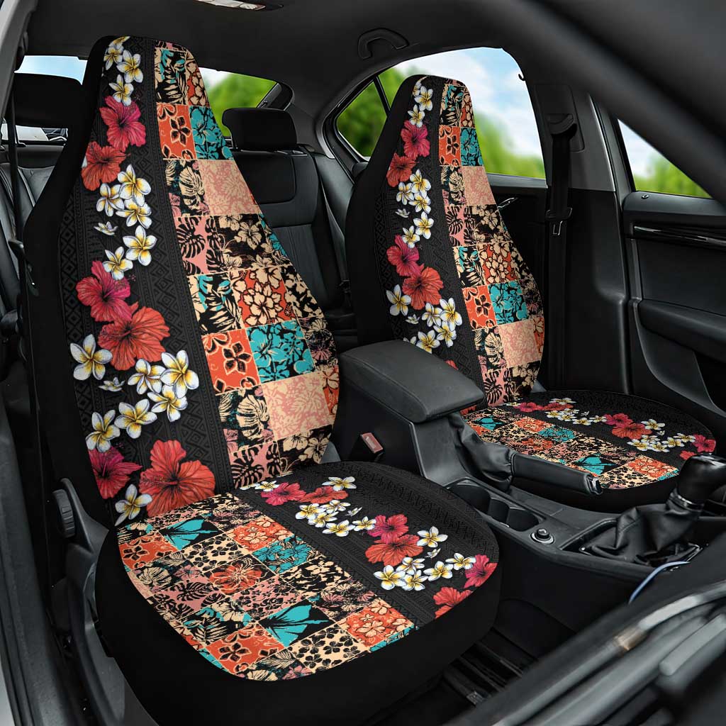 Hawaiian Hibiscus and Tropical Leaves Car Seat Cover Patchwork Grunge Abstract Vintage Style LT03 One Size Black - Polynesian Pride