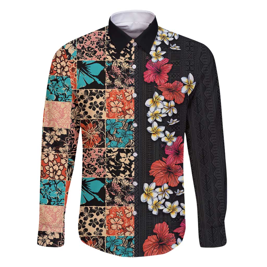 Hawaiian Hibiscus and Tropical Leaves Family Matching Long Sleeve Bodycon Dress and Hawaiian Shirt Patchwork Grunge Abstract Vintage Style