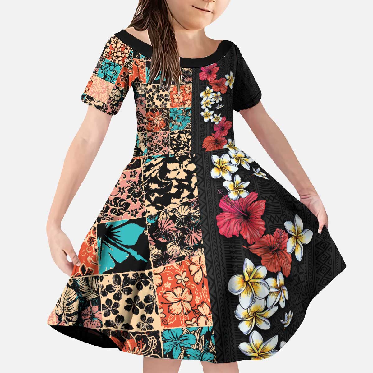 Hawaiian Hibiscus and Tropical Leaves Family Matching Off The Shoulder Long Sleeve Dress and Hawaiian Shirt Patchwork Grunge Abstract Vintage Style LT03 Daughter's Dress Black - Polynesian Pride