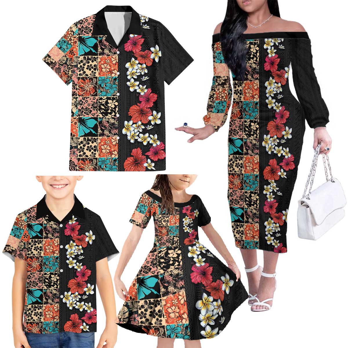 Hawaiian Hibiscus and Tropical Leaves Family Matching Off The Shoulder Long Sleeve Dress and Hawaiian Shirt Patchwork Grunge Abstract Vintage Style LT03 - Polynesian Pride