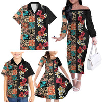 Hawaiian Hibiscus and Tropical Leaves Family Matching Off The Shoulder Long Sleeve Dress and Hawaiian Shirt Patchwork Grunge Abstract Vintage Style LT03 - Polynesian Pride