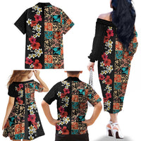 Hawaiian Hibiscus and Tropical Leaves Family Matching Off The Shoulder Long Sleeve Dress and Hawaiian Shirt Patchwork Grunge Abstract Vintage Style LT03 - Polynesian Pride