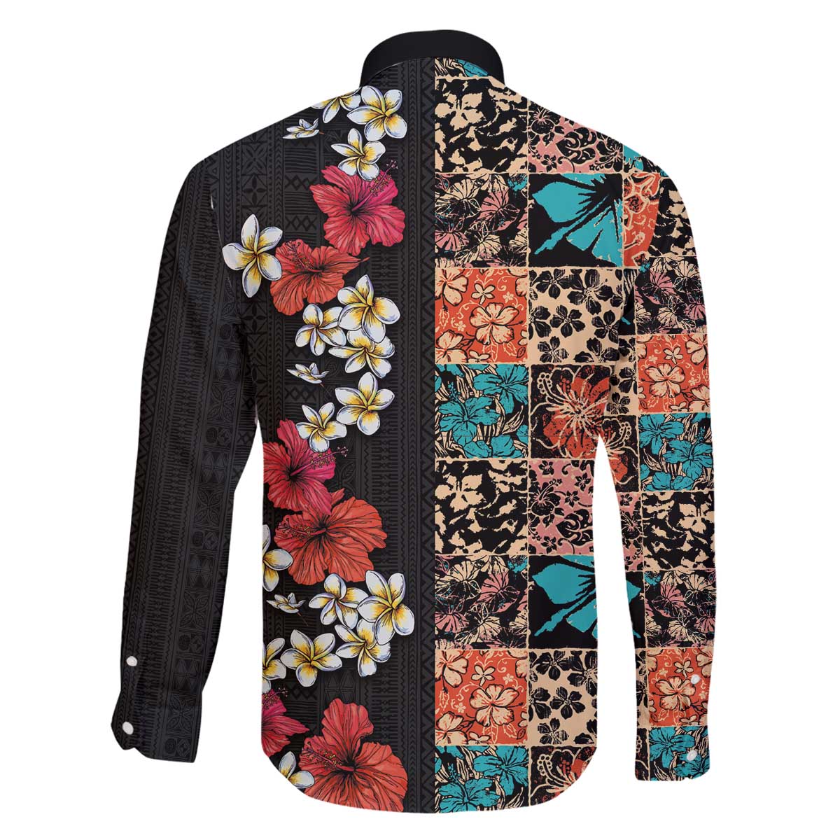 Hawaiian Hibiscus and Tropical Leaves Family Matching Off The Shoulder Long Sleeve Dress and Hawaiian Shirt Patchwork Grunge Abstract Vintage Style LT03 - Polynesian Pride
