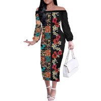 Hawaiian Hibiscus and Tropical Leaves Family Matching Off The Shoulder Long Sleeve Dress and Hawaiian Shirt Patchwork Grunge Abstract Vintage Style LT03 Mom's Dress Black - Polynesian Pride