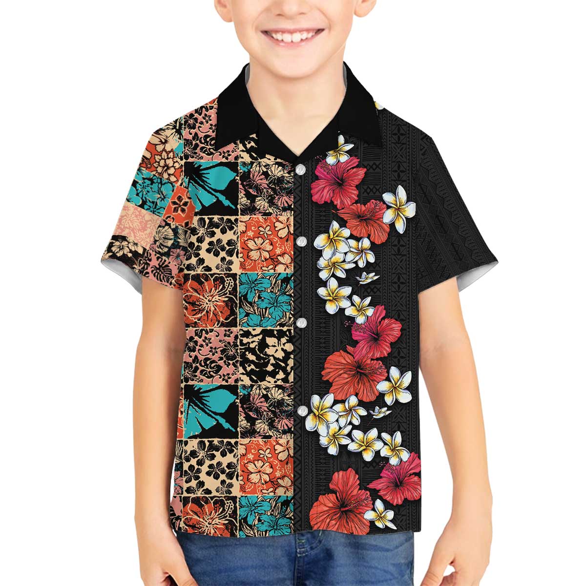 Hawaiian Hibiscus and Tropical Leaves Family Matching Off The Shoulder Long Sleeve Dress and Hawaiian Shirt Patchwork Grunge Abstract Vintage Style LT03 Son's Shirt Black - Polynesian Pride