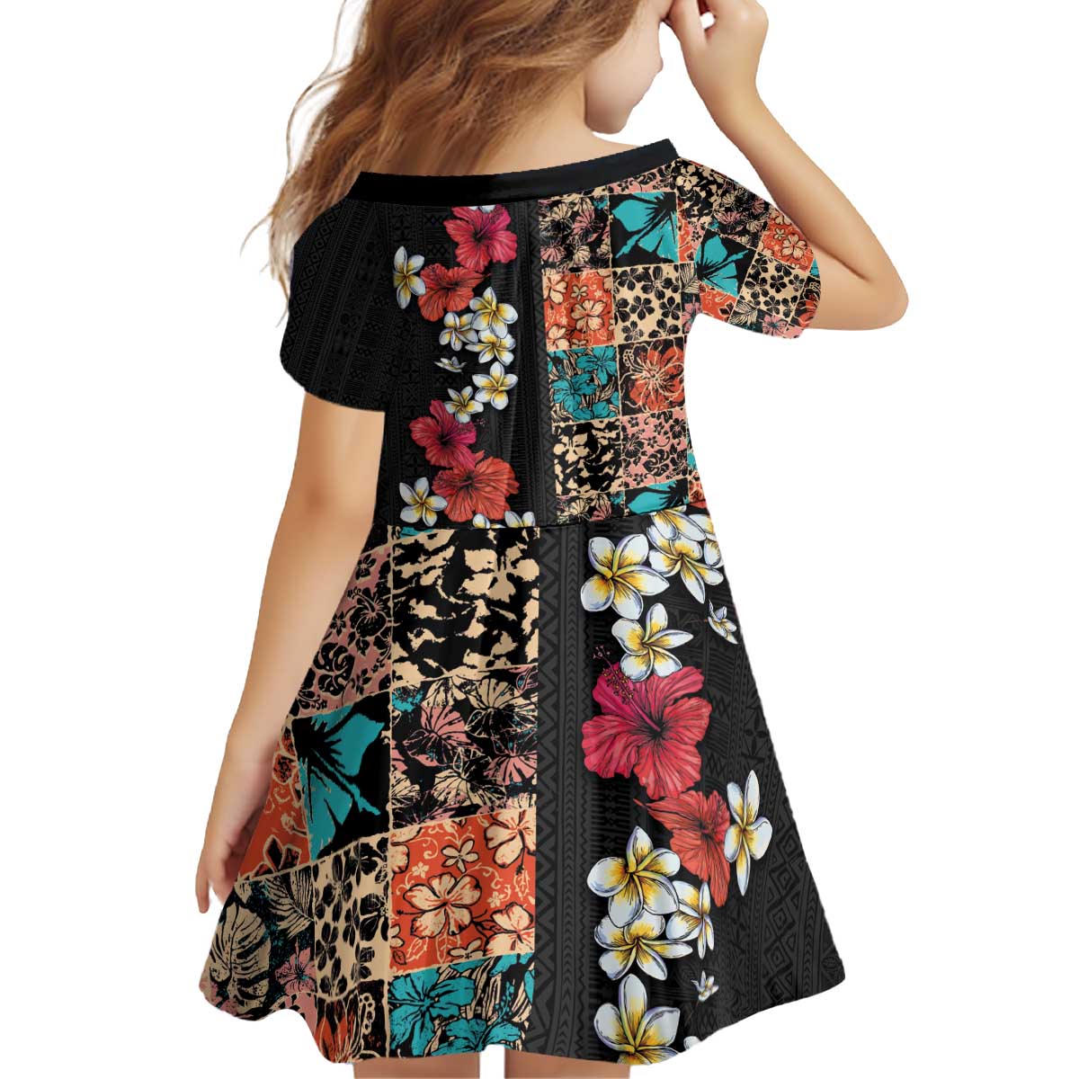 Hawaiian Hibiscus and Tropical Leaves Family Matching Off Shoulder Short Dress and Hawaiian Shirt Patchwork Grunge Abstract Vintage Style LT03 - Polynesian Pride