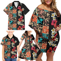Hawaiian Hibiscus and Tropical Leaves Family Matching Off Shoulder Short Dress and Hawaiian Shirt Patchwork Grunge Abstract Vintage Style LT03 - Polynesian Pride
