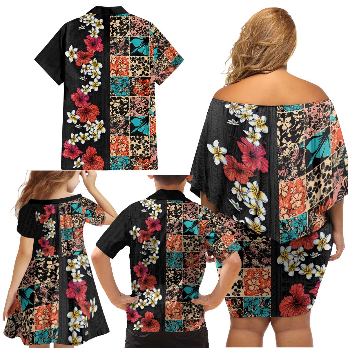 Hawaiian Hibiscus and Tropical Leaves Family Matching Off Shoulder Short Dress and Hawaiian Shirt Patchwork Grunge Abstract Vintage Style LT03 - Polynesian Pride