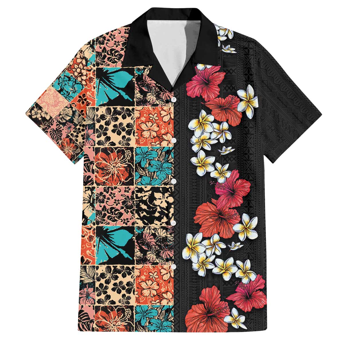 Hawaiian Hibiscus and Tropical Leaves Family Matching Off Shoulder Short Dress and Hawaiian Shirt Patchwork Grunge Abstract Vintage Style LT03 Dad's Shirt - Short Sleeve Black - Polynesian Pride