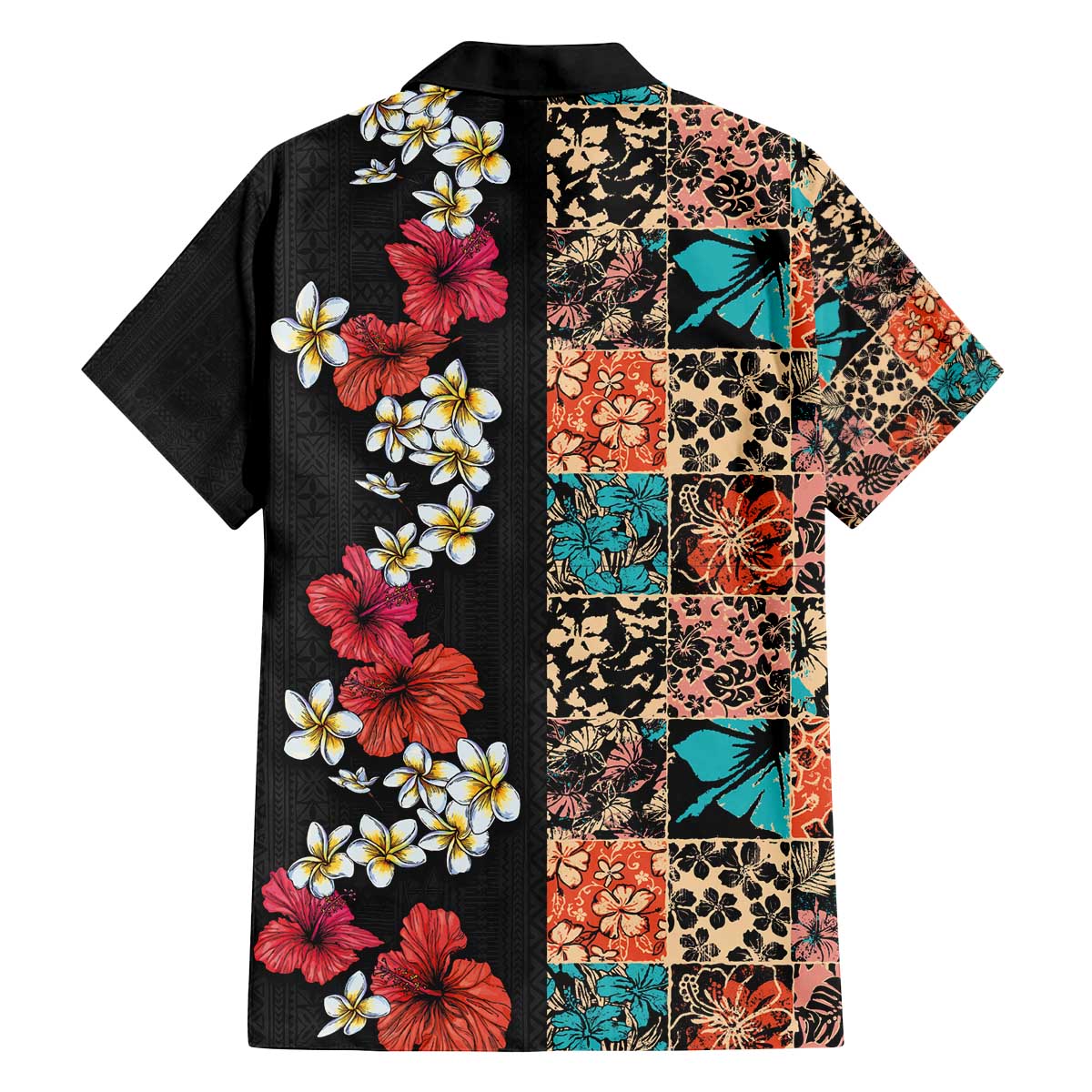 Hawaiian Hibiscus and Tropical Leaves Family Matching Off Shoulder Short Dress and Hawaiian Shirt Patchwork Grunge Abstract Vintage Style LT03 - Polynesian Pride