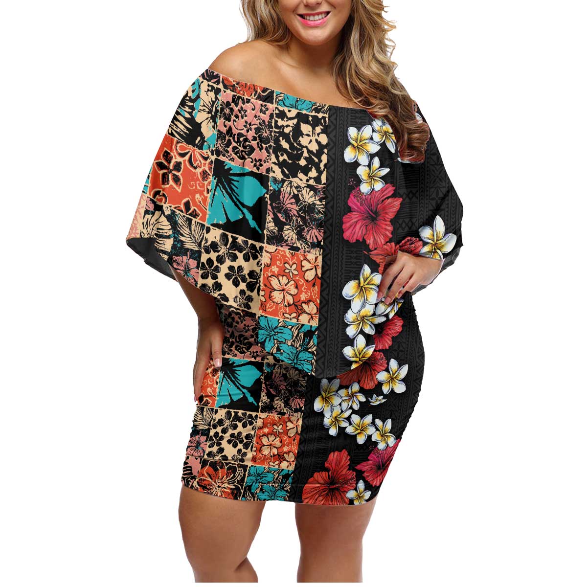 Hawaiian Hibiscus and Tropical Leaves Family Matching Off Shoulder Short Dress and Hawaiian Shirt Patchwork Grunge Abstract Vintage Style LT03 Mom's Dress Black - Polynesian Pride