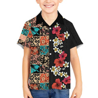 Hawaiian Hibiscus and Tropical Leaves Family Matching Off Shoulder Short Dress and Hawaiian Shirt Patchwork Grunge Abstract Vintage Style LT03 Son's Shirt Black - Polynesian Pride