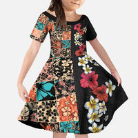 Hawaiian Hibiscus and Tropical Leaves Family Matching Tank Maxi Dress and Hawaiian Shirt Patchwork Grunge Abstract Vintage Style LT03 Daughter's Dress Black - Polynesian Pride