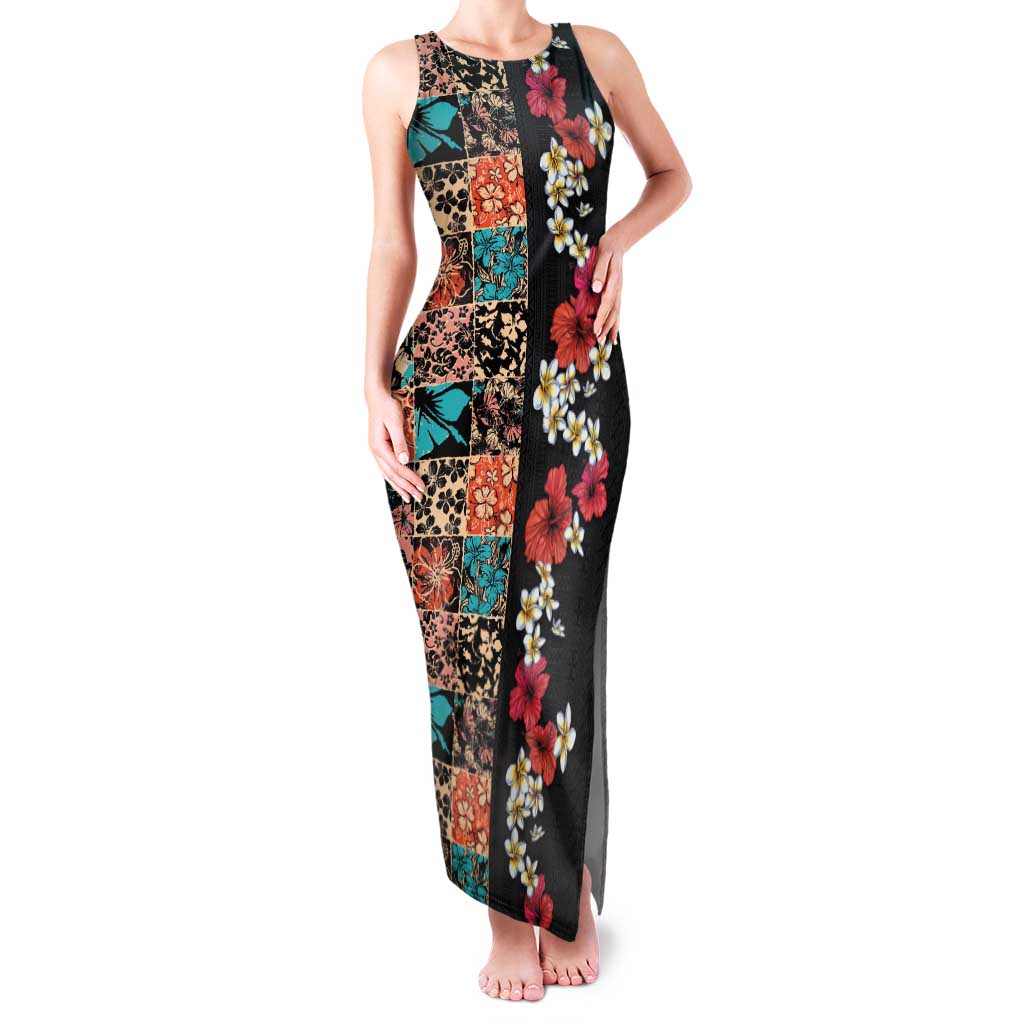 Hawaiian Hibiscus and Tropical Leaves Family Matching Tank Maxi Dress and Hawaiian Shirt Patchwork Grunge Abstract Vintage Style LT03 Mom's Dress Black - Polynesian Pride