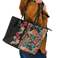 Hawaiian Hibiscus and Tropical Leaves Leather Tote Bag Patchwork Grunge Abstract Vintage Style
