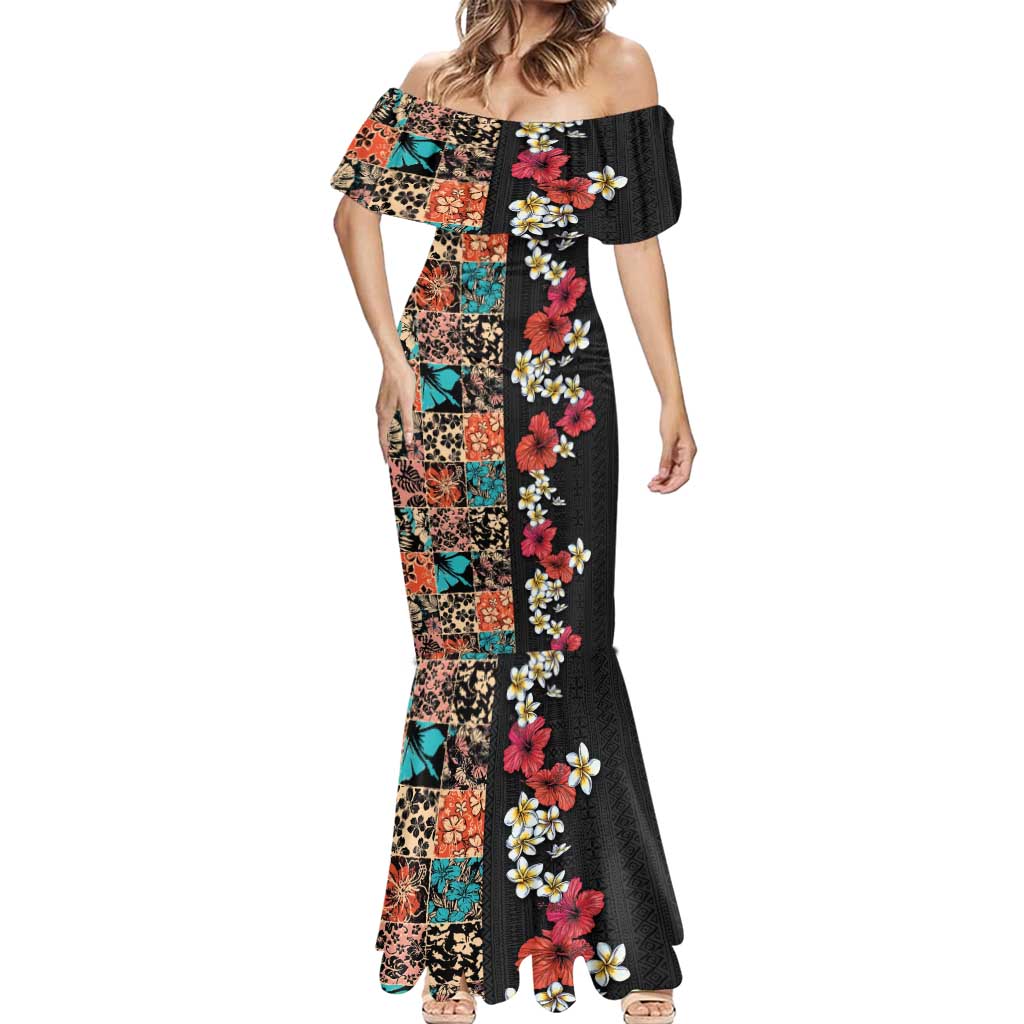 Hawaiian Hibiscus and Tropical Leaves Mermaid Dress Patchwork Grunge Abstract Vintage Style