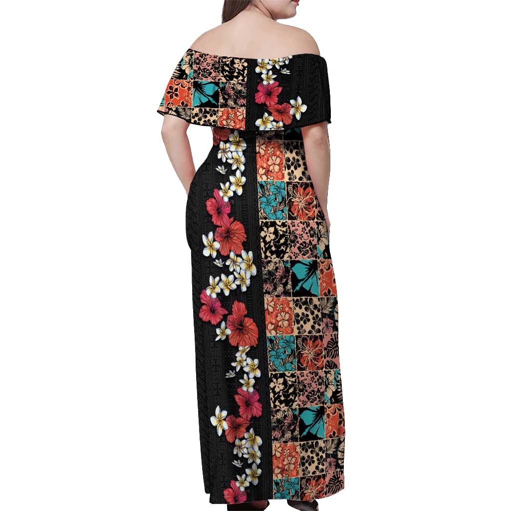 Hawaiian Hibiscus and Tropical Leaves Off Shoulder Maxi Dress Patchwork Grunge Abstract Vintage Style