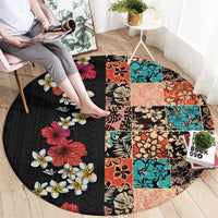 Hawaiian Hibiscus and Tropical Leaves Round Carpet Patchwork Grunge Abstract Vintage Style