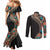 Hawaiian Hibiscus and Tropical Leaves Couples Matching Mermaid Dress and Long Sleeve Button Shirt Patchwork Grunge Abstract and Tapa Tribal Pattern Half Style