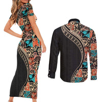 Hawaiian Hibiscus and Tropical Leaves Couples Matching Short Sleeve Bodycon Dress and Long Sleeve Button Shirt Patchwork Grunge Abstract and Tapa Tribal Pattern Half Style