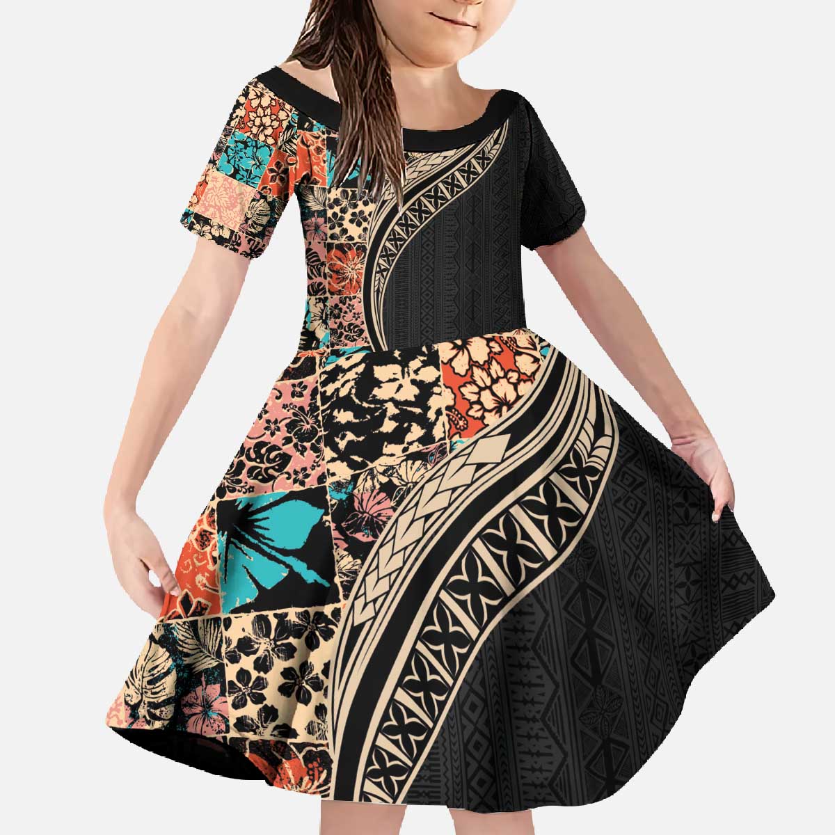 Hawaiian Hibiscus and Tropical Leaves Family Matching Off The Shoulder Long Sleeve Dress and Hawaiian Shirt Patchwork Grunge Abstract and Tapa Tribal Pattern Half Style LT03 Daughter's Dress Black - Polynesian Pride