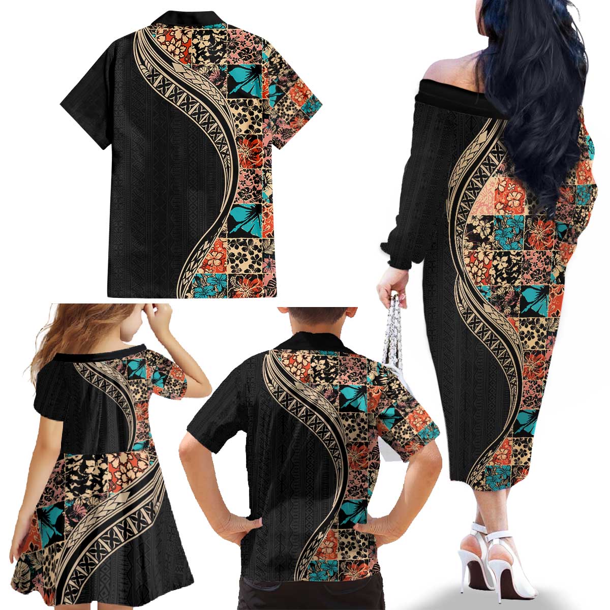 Hawaiian Hibiscus and Tropical Leaves Family Matching Off The Shoulder Long Sleeve Dress and Hawaiian Shirt Patchwork Grunge Abstract and Tapa Tribal Pattern Half Style LT03 - Polynesian Pride