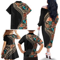Hawaiian Hibiscus and Tropical Leaves Family Matching Off The Shoulder Long Sleeve Dress and Hawaiian Shirt Patchwork Grunge Abstract and Tapa Tribal Pattern Half Style LT03 - Polynesian Pride