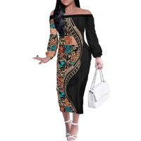 Hawaiian Hibiscus and Tropical Leaves Family Matching Off The Shoulder Long Sleeve Dress and Hawaiian Shirt Patchwork Grunge Abstract and Tapa Tribal Pattern Half Style LT03 Mom's Dress Black - Polynesian Pride