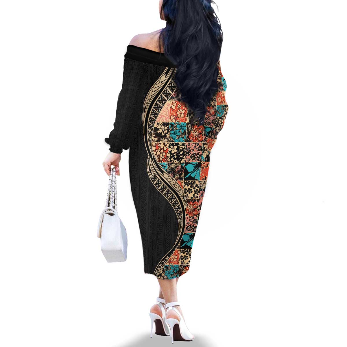 Hawaiian Hibiscus and Tropical Leaves Family Matching Off The Shoulder Long Sleeve Dress and Hawaiian Shirt Patchwork Grunge Abstract and Tapa Tribal Pattern Half Style LT03 - Polynesian Pride
