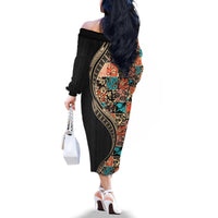 Hawaiian Hibiscus and Tropical Leaves Family Matching Off The Shoulder Long Sleeve Dress and Hawaiian Shirt Patchwork Grunge Abstract and Tapa Tribal Pattern Half Style LT03 - Polynesian Pride