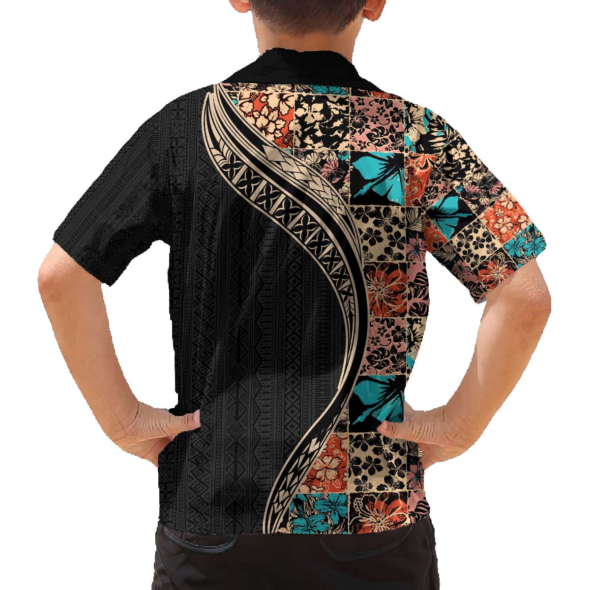 Hawaiian Hibiscus and Tropical Leaves Family Matching Off Shoulder Short Dress and Hawaiian Shirt Patchwork Grunge Abstract and Tapa Tribal Pattern Half Style LT03 - Polynesian Pride