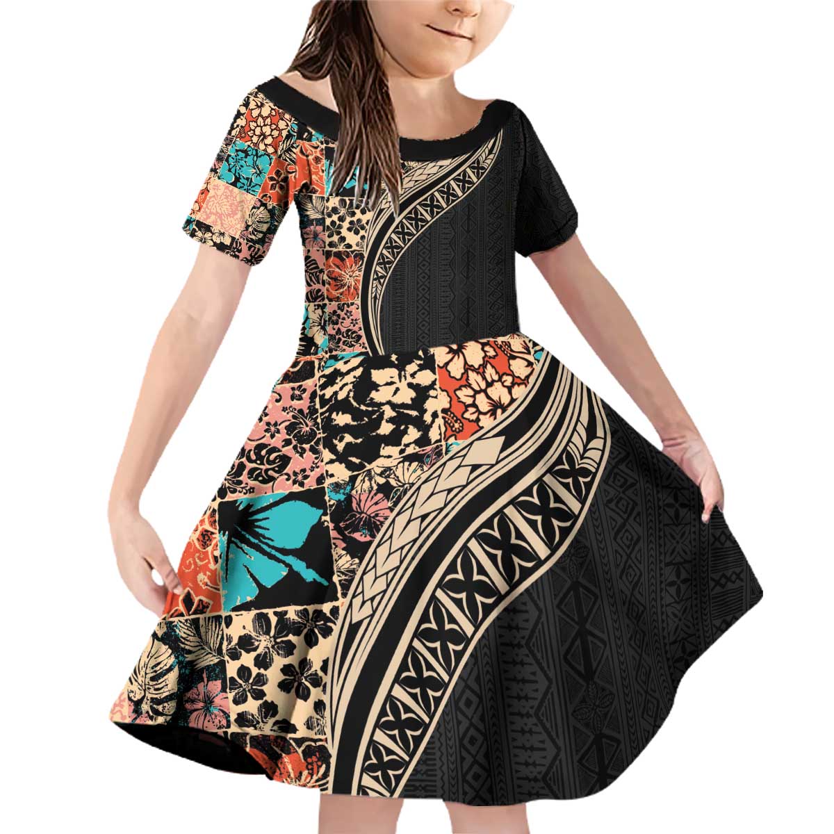 Hawaiian Hibiscus and Tropical Leaves Family Matching Off Shoulder Short Dress and Hawaiian Shirt Patchwork Grunge Abstract and Tapa Tribal Pattern Half Style LT03 Daughter's Dress Black - Polynesian Pride