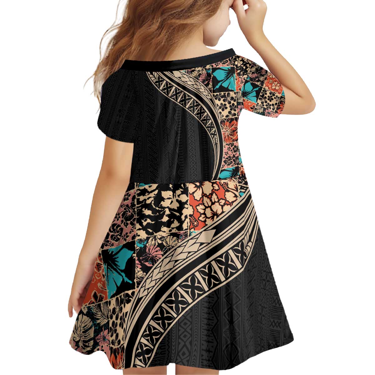 Hawaiian Hibiscus and Tropical Leaves Family Matching Off Shoulder Short Dress and Hawaiian Shirt Patchwork Grunge Abstract and Tapa Tribal Pattern Half Style LT03 - Polynesian Pride